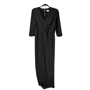 Vestido envolvente sintético atemporal Amanda Uprichard negro alto-bajo midi sobrepelliz cuello en V M - Imagen 1 de 9