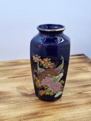 Jarrón de Colección Azul Cobalto Pavo Real Hecho en Japón Floral Borde Dorado 6.25" Foto 1 de 4