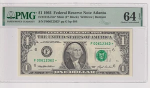 Fr 1918-Fm* (F*) 1993 $1 FRN F00612362*  bp484 PMG 64EPQ CHCU ATLANTA MULE - Picture 1 of 2