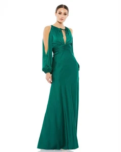 Mac Duggal 55397 Tie Deep Split V-Neck Long Sleeve Sheath Gown Sz 16 Emerald - Picture 1 of 2