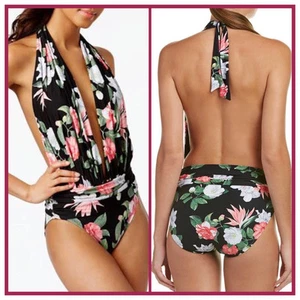 new Vince Camuto 6 Tropical Floral Plunge Halter Open Back One Piece Swimsuit 6 - Picture 1 of 8