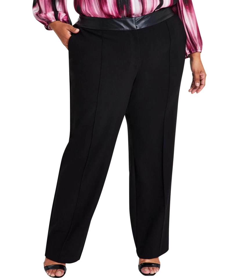 Calvin Klein Womens High Rise Faux Leather Waist Stretch Casual Trouser Pants - Image 1 of 1