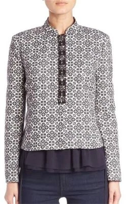  $495 NUEVO CON ETIQUETAS Chaqueta Blazer Tory Burch Embellecida Jacquard Mezcla Algodón Talla 2 Foto 1 de 4