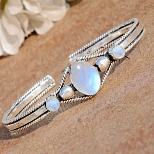 Rainbow Moonstone Gemstone Cuff 925 Sterling Silver Magic Movement Bracelet - Picture 1 of 9