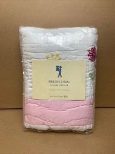 PBK POTTERY BARN KIDS pink green Embroidered Flowers Ribbon Standard SHAM - Picture 1 of 7
