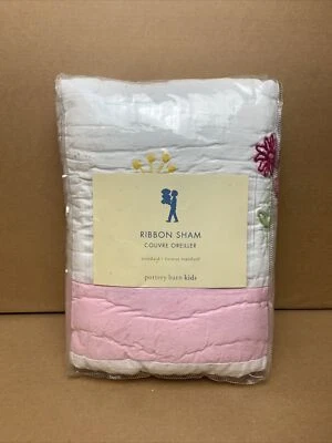 PBK POTTERY BARN KIDS pink green Embroidered Flowers Ribbon Standard SHAM - Image 1 of 4