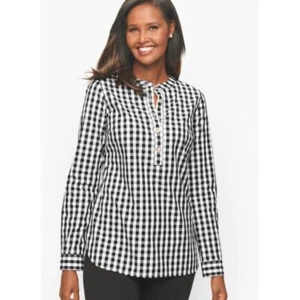 Camiseta túnica mediana Talbots Buffalo cuadros estrás botones negra blanca a cuadros - Imagen 1 de 8