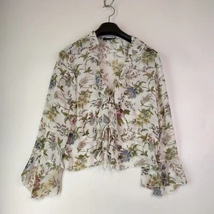 Vintage Philosophy Blouse Womens 39 Polyester White Floral Design Ruffled Collar - Picture 1 of 16