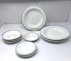 SHENANGO GREEN STRIPE BAND SET OF 10 VINTAGE RESTAURANT WARE PLATES & BOWLS - Picture 1 of 4