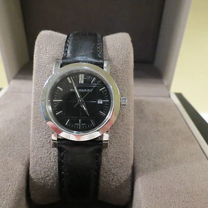 NEW WOMENS AUTH BURBERRY SILVER BLACK LEATHER ROUND WATCH #BU1355 W/BOX $475.00 - Picture 1 of 8