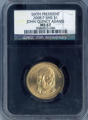 2008-P John Quincy Adams Dollar NGC MS67 SMS - 6th U.S. President - Black Holder - Image 1 of 2