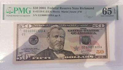 Ex. Rare 2004 $50 F. R. S. #00001929 NOTE Richm. FR#2128-E PMG SUPERB GEM 65 EPQ - Image 1 of 3