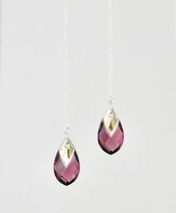"IAJ" STERLING SILVER Ear Thread Threader Earring w/ SWAROVSKI AMETHYST TEARDROP - Picture 1 of 1