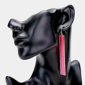 NEW Pink Thread Embroidery Stitched Long Vertical Gold Bar Drop Dangle Earrings - Picture 1 of 1