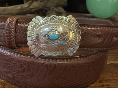 Navajo TURQUOISE Sgn F.Jimenez Sterling Silver Belt Buckle 38-39-1.3/8-1” 🐂🦎✅ - Image 1 of 4