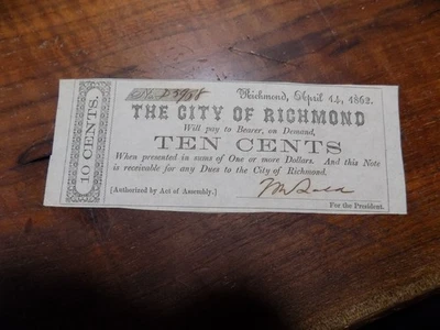 1862 The City of Richmond Ten Cents Note - Criswell # C-1310 - Uncirculated - Image 1 of 2