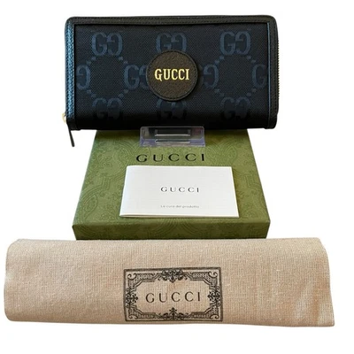 GUCCI Off The Grid Cremallera Alrededor Cartera Larga GG Logo Nylon Cuero Negro Dorado Nueva Foto 1 de 4