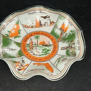 Vintage 1970s Florida Ruffled Glass Souvenir Tray Dish 7” Diameter - Picture 1 of 9