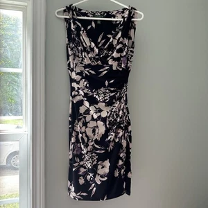LRL Lauren Ralph Lauren Faux Wrap Stretchy Sheath Dress Black Purple 4 Petites - Bild 1 von 10
