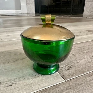 Vintage Paden City Smaragd Glo grün Glas Messing bedeckt Schale mit Bakelit Griff - Bild 1 von 10