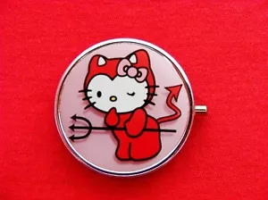 HELLO DIABLO GATITO GATO ANILLO BARATIJA ESCONDITE REDONDO COMO NUEVO METAL CAJA PASTILLAS ESTUCHE - Imagen 1 de 1