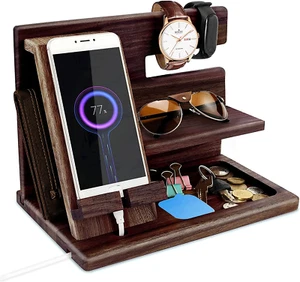 Regalo Uomo Compleanno Docking Station in Legno per Smartphone Supporto Portafog - Foto 1 di 12