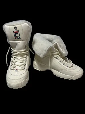 FILA DISRUPTOR BOOT FUR OFF WHITE IVORY LACE UP FUR LINING WOMENS  BOOTS SZ-10 - Image 1 of 4