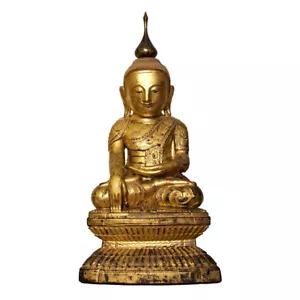 Antique Burmese Shan Wood, Lacquer and Gold Leafed Buddha, 19th Century. - Picture 1 of 13