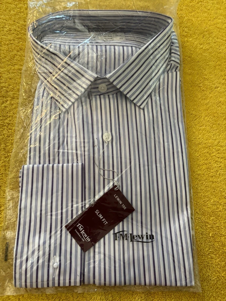 Nuevo con etiquetas TM Lewin 18/36 Calce Ajustado Imprescindible Planchar Azul/Púrpura Rayas Elegante con Puños Franceses Foto 1 de 4