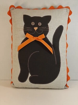 Black Cat Pillow Decor Halloween Blue & White Gingham Pattern Orange Button Eyes - Image 1 of 4