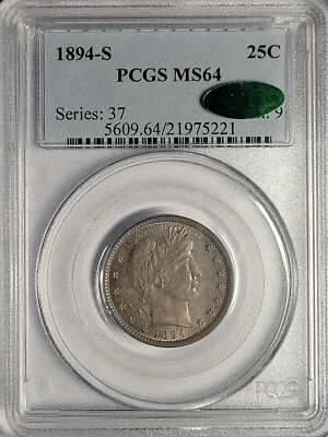 Cuarto de plata barbero original tonificado 25c 1894-S graduación profesional MS64 CAC PQ!  Foto 1 de 4