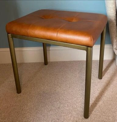 Brown Leather Foot Stool - Upholstered Seat - Gold Iron Legs - Image 1 of 4