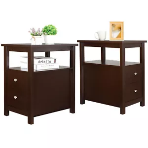 2 PCS Living Room End Table Sofa Side Table with 2 Drawers and Shelf Brown - Picture 1 of 15