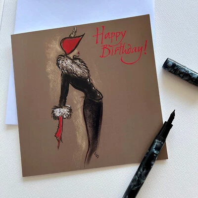 FASHION ART CARD VINTAGE STYLE;50'S COUTURE; HAND DRAWN UK MADE RED HAT - Image 1 of 4