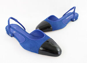 Chanel NIB Blue Pony Hair Black Patent Slingback Flat Shoe 9 1/2 39 1/2