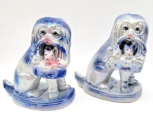 A Pair Of Blue Lusterware Spaniel Dog with Basket of Puppies Figurine - Picture 1 of 7
