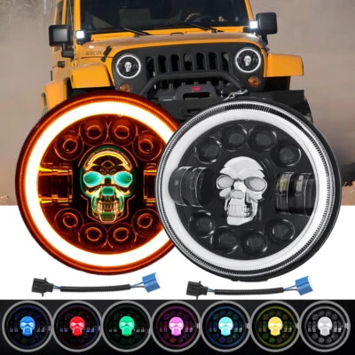 For Jeep Wrangler JK LJ TJ Pair 7"inch Round Led Headlights RGB Skull DRL Newest - Image 1 of 4