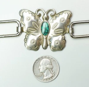 Vtg Silver Tone Stamped Metal Butterfly Concho Belt with Turquoise-Like Accents - Picture 1 of 6