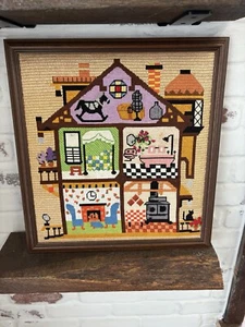 VTG Cross Stitch Dollhouse Prof. Frame Art Wall Decor Colorful Handmade Complete - Picture 1 of 16