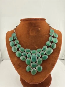 HANDMADE Artisan Sterling Silver Green Stone Chrysoprase ? Solid Bib Necklace - Picture 1 of 14