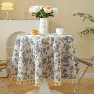 Floral Cotton Linen Round Tablecloth Table Cloth Cover Tassel Farmhouse Decor - Picture 1 of 12