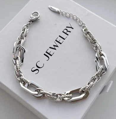 Platinum Plated Silver Chain Bracelet Rectangle Unisex Jewelry - Image 1 of 4