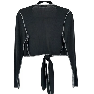 Boohoo Black Tie Front Crop Top Shrug Ribbed Stitch Detail Long Sleeve Size 8 - Image 1 of 4