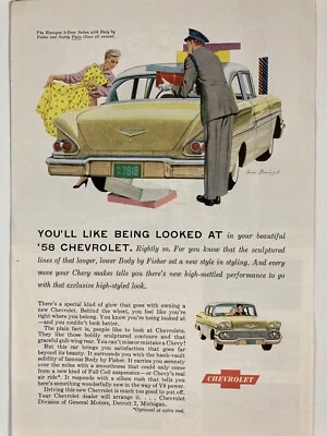 1958 Chevrolet Biscayne 2 Door Sedan Print Ad Yellow - Image 1 of 2