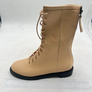 Women Stylish Knee High Boots Chunky Low Flat Heel Lace-Up Closed Toe Gream - Picture 1 of 7