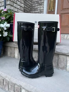 HUNTER ORIGINAL TALL GLOSS BOOT 7 Women's Rain Outdoor Boot Black Waterproof - Picture 1 of 15