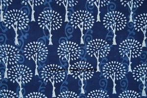 Indian Hand Block Printed 5/10 Yard Natural Sanganeri Indigo Cotton Tree Fabric  - Picture 1 of 3