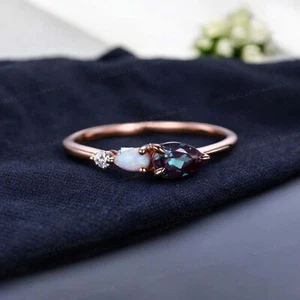 14k Rose Gold 7x5 mm Pear Cut Alexandrite Opal Women Diamond Stacking Gift Ring - Picture 1 of 7