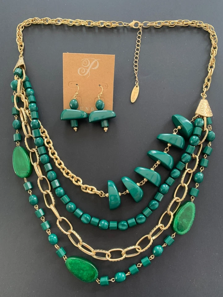 Plunder Design Harris Necklace 27"to30" Green Gold Tone Layered & Earrings NEW - Image 1 of 1