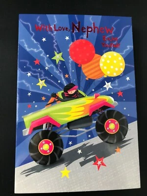 Tarjeta de cumpleaños de sobrino, niño en camión monstruo, lámina, en relieve, 20 x 14 cm Foto 1 de 3